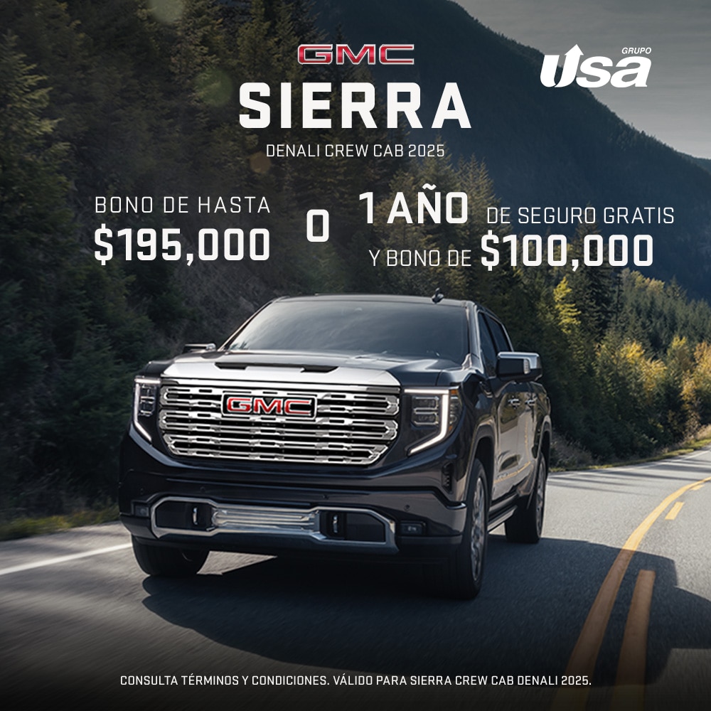 GMC Sierra Denali Crew Cab destaca en diseño, potencia y tecnología para que tengas el control total del camino. 