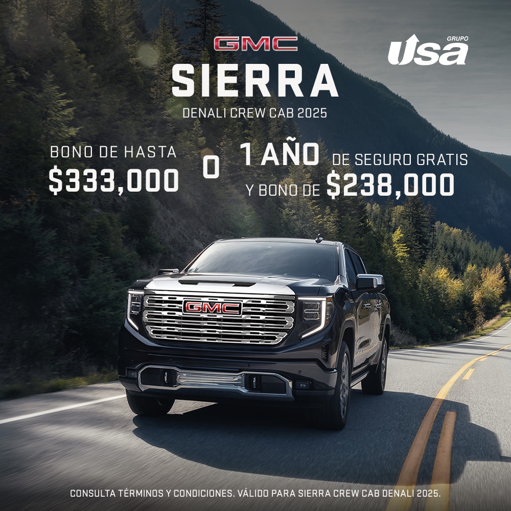 GMC Sierra Denali Crew Cab destaca en diseño, potencia y tecnología para que tengas el control total del camino. 