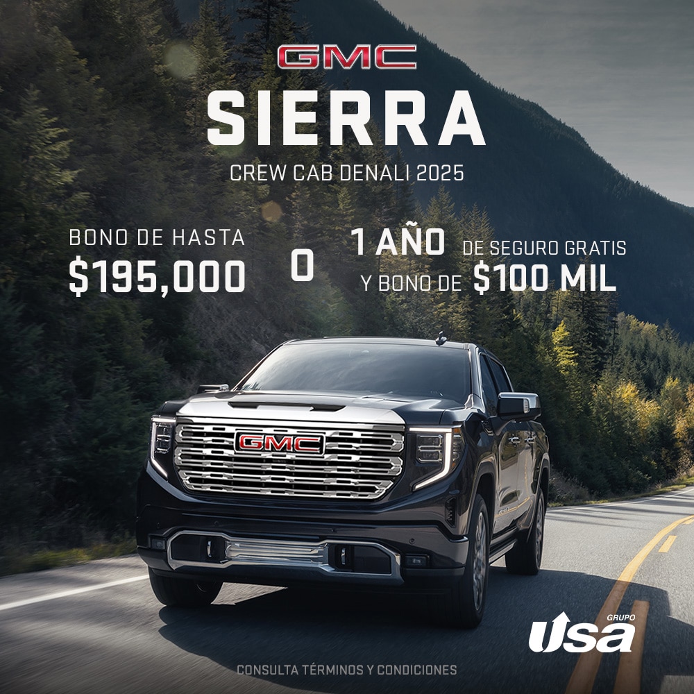 GMC Sierra Denali Crew Cab destaca en diseño, potencia y tecnología para que tengas el control total del camino. 